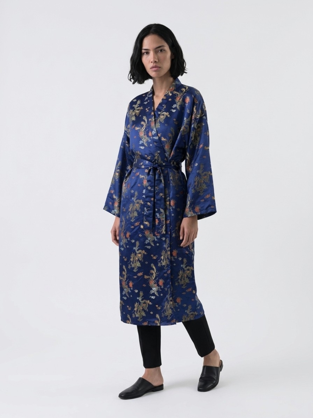 Navy Floral Vintage Heavy Brocade Dark Blue Dragon Kimono Robe Misses Size L/XL